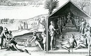 Kongen modtager europæiske besøgende, Cape Lopez, Gabon, Afrika, 1500-tallet af Theodore de Bry